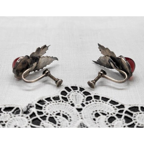 Sterling Silver and Amber Colored Glass Cabochon Screw Back Earrings - Picture 5 of 8